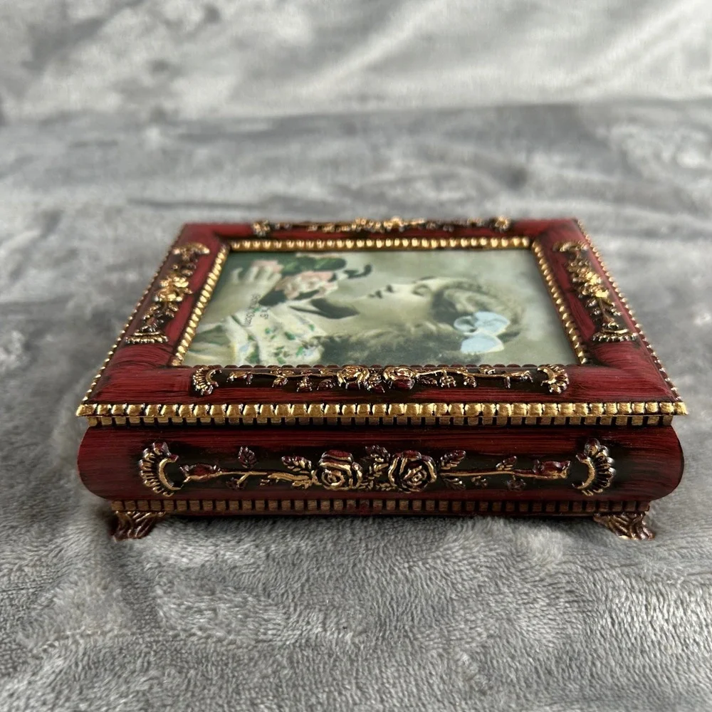Vintage Style Red Gold Floral Jewelry Box Picture Frame Lid Keepsake Trinket Box